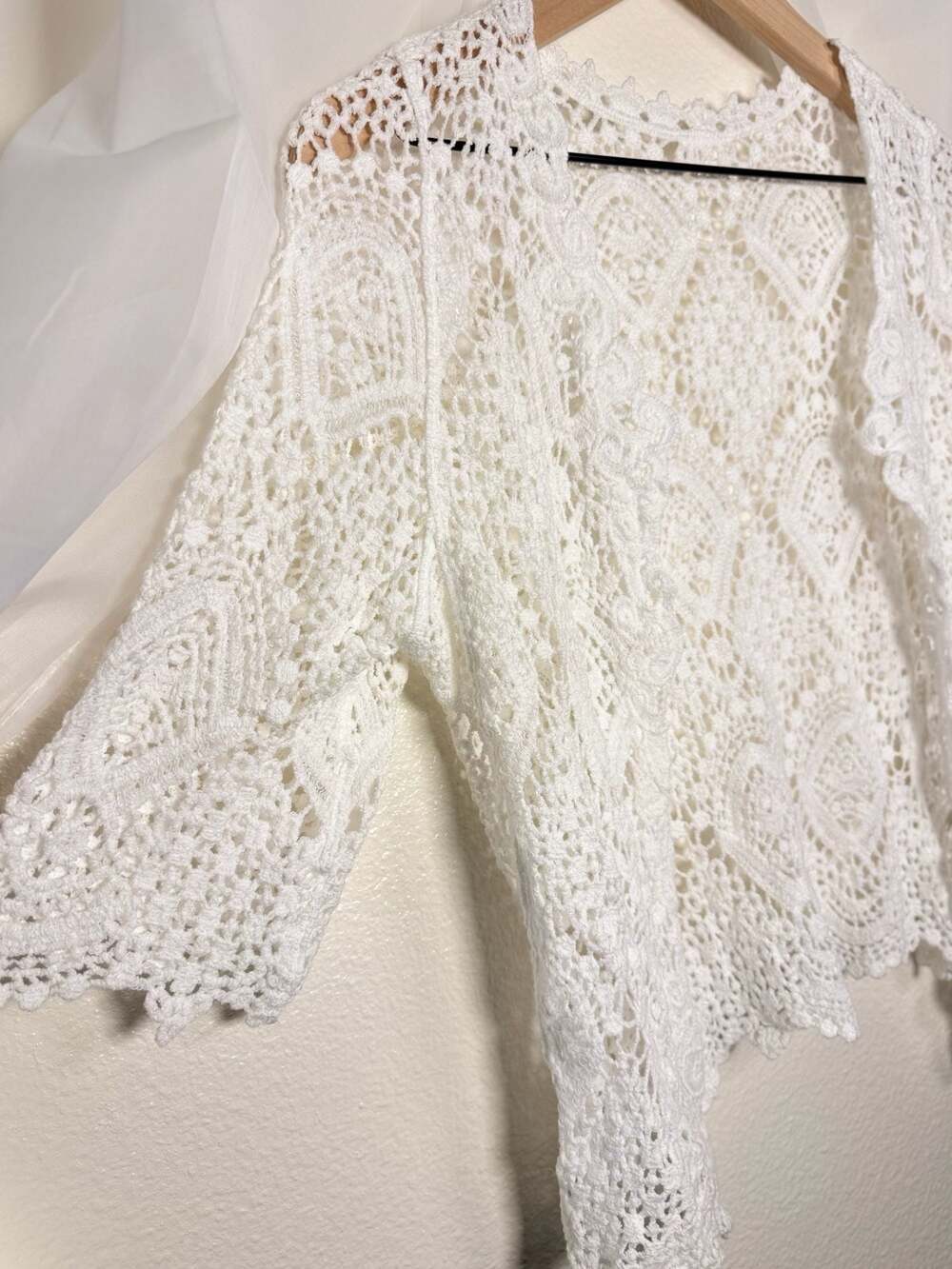 White Crochet Boho Cottage Open Front Bolero Shrug - Picture 2 of 4